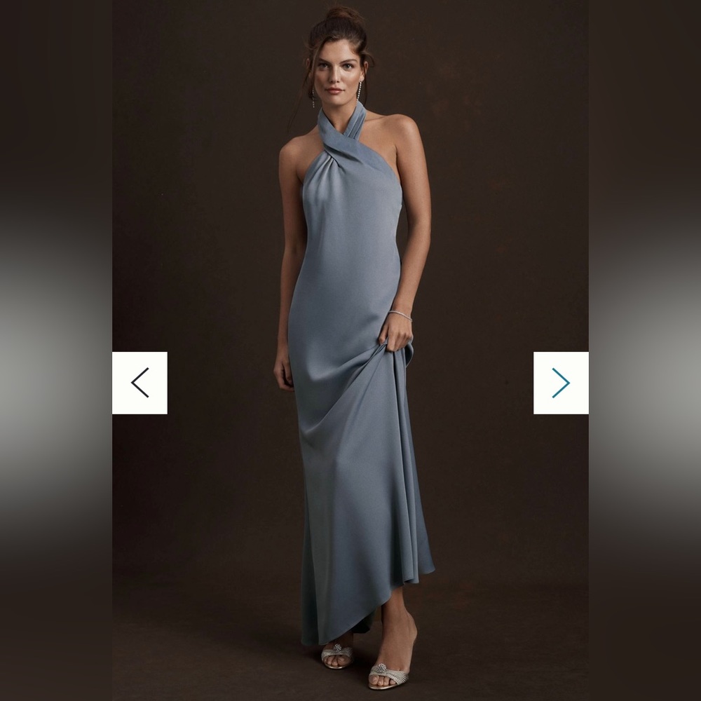 Anthropologie BHLDN Ruby Twist Halter Satin Gown in Dusty Blue